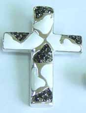 Unique jewelry online shop distributors wholesale supply enamel cross pendant black and white pattern design. Suspended nicely with silver chain or leather cord. A fashionable piece for every occassion!