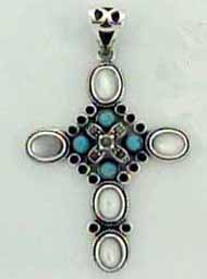 Intricate and bold silver-plated cross with mother of pearl seashell stone highlights. An ancient cross of Celtic origin. 