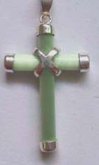Green Celtic cross pendant with silver cross 'X' central design. An central cross knot symbolizing eternity is woven with the protective design of the Celtic goddess Bridhe, also known as St. Bridget, and is reputed to keep the wearer safe and secure.