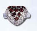 Heart love craft suppliers online direct wholesale silver plated fashion ring with multi clear cz and rounded garnet stone embedded heart lover desing in middle. Valentine gift idea, wedding ring, engagement accessory!