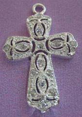 Special Alsatia cross charm with cut out pattern highlight. Suspended nicely with silver chain and black leather cord. Perfect for gift giving!